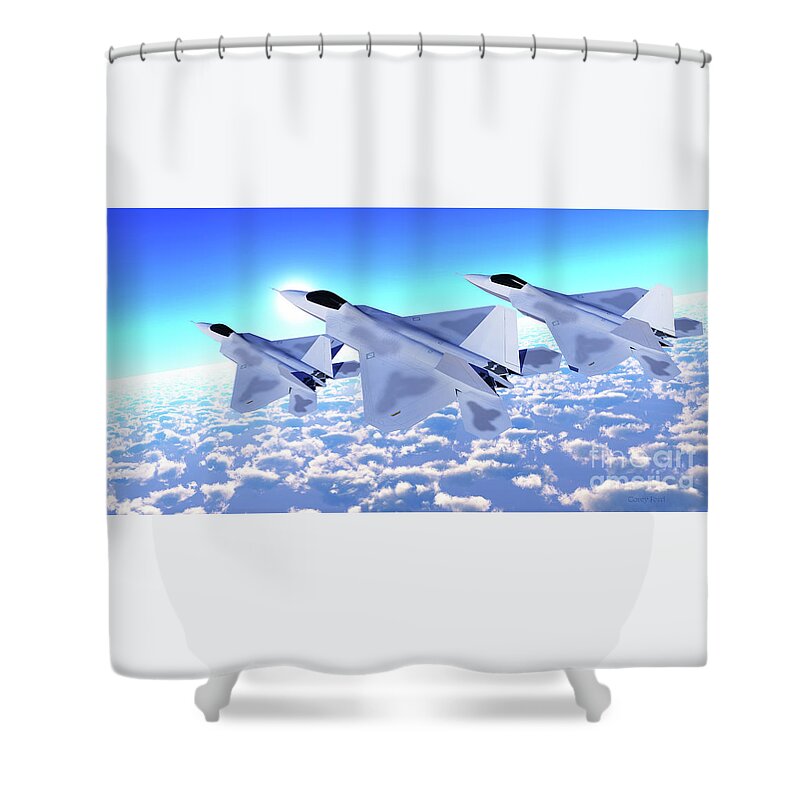 F-22 Shower Curtain featuring the digital art Three F-22 Fighter Jets by Corey Ford