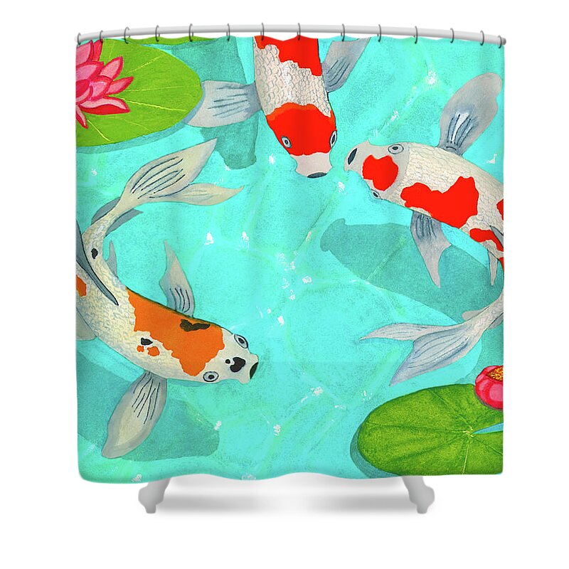 Fish Shower Curtain featuring the painting Three Koi Fish In Sunlit Lotus Pond by Deborah League