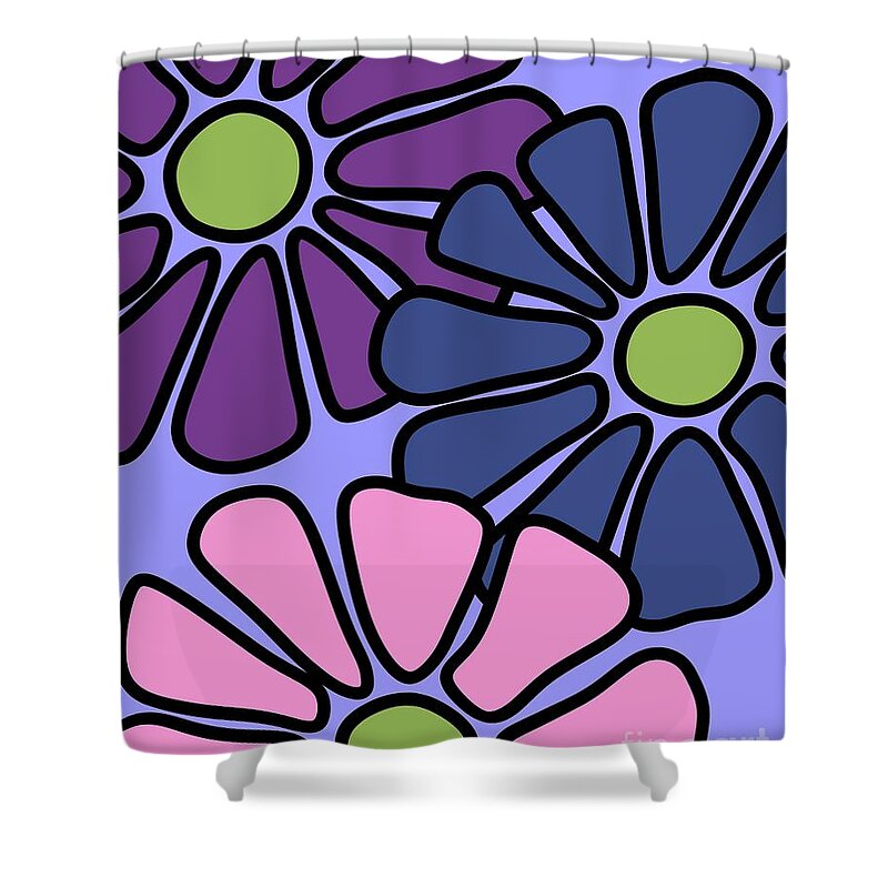 Flower Power Shower Curtain featuring the digital art Three Mod Flowers by Donna Mibus