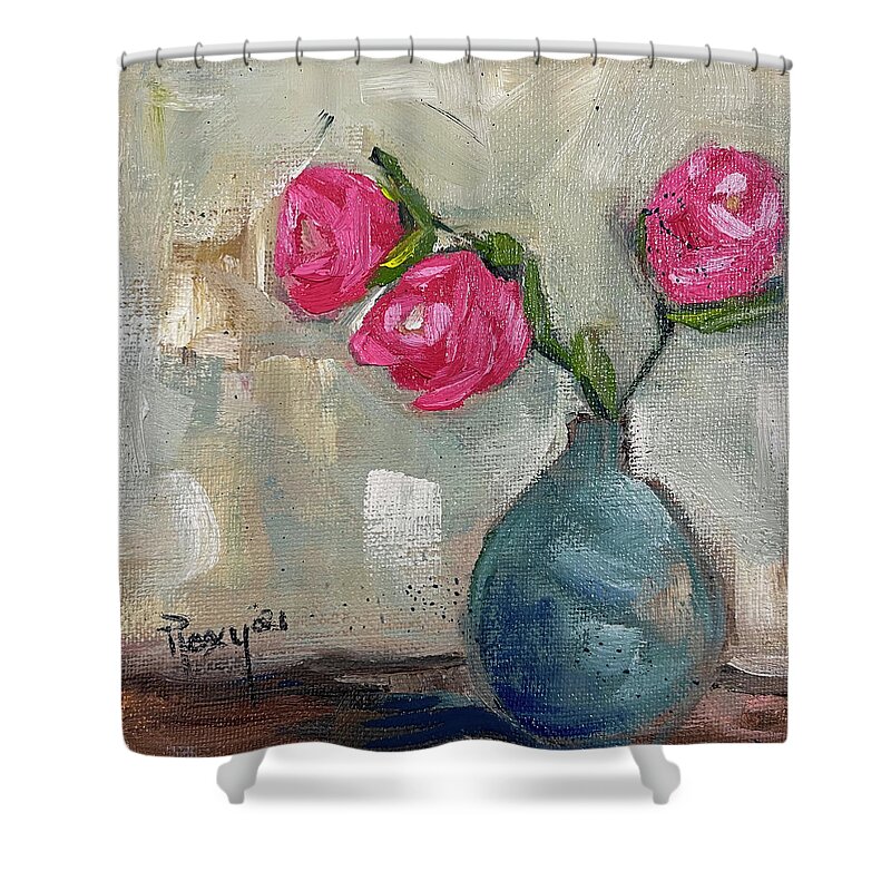 Rose Painting Shower Curtain featuring the painting Three Roses by Roxy Rich