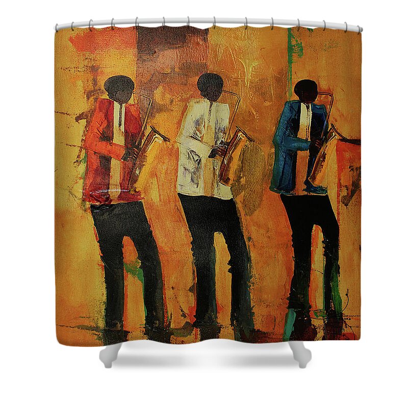  Shower Curtain featuring the painting Three Saxo's In Time by Ndabuko Ntuli