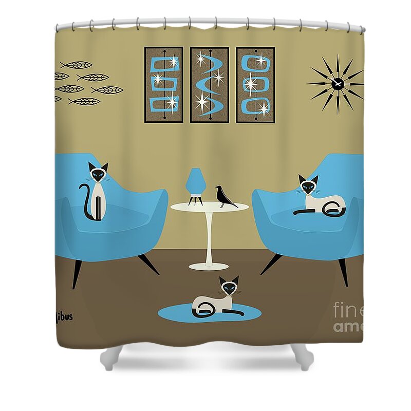 Mid Century Siamese Cats Shower Curtain featuring the digital art Three Siamese in Blue Chairs by Donna Mibus