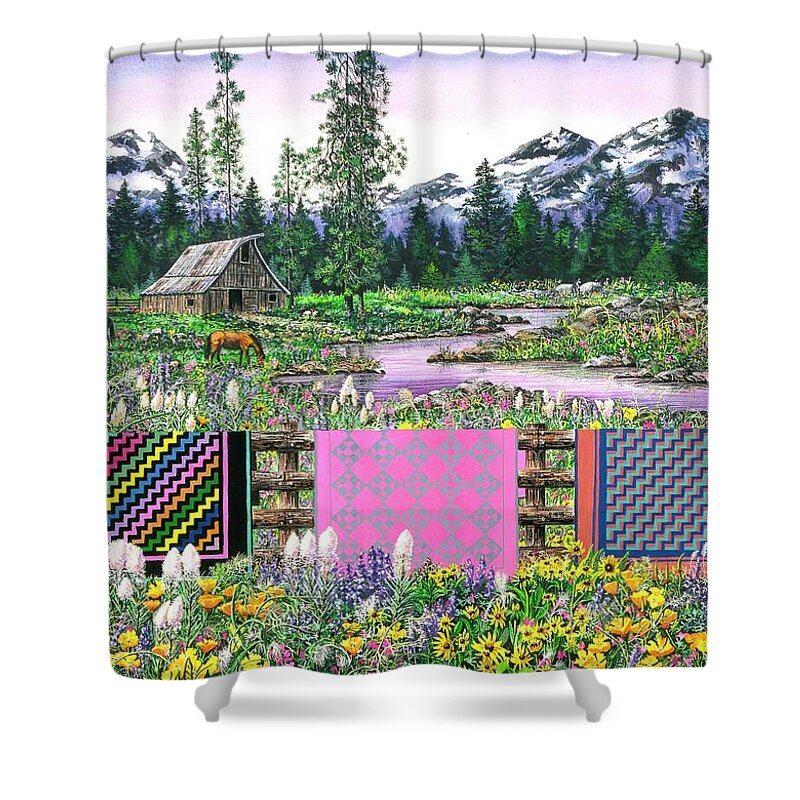 Mountains Shower Curtain featuring the painting Three Sisters Quilts by Diane Phalen
