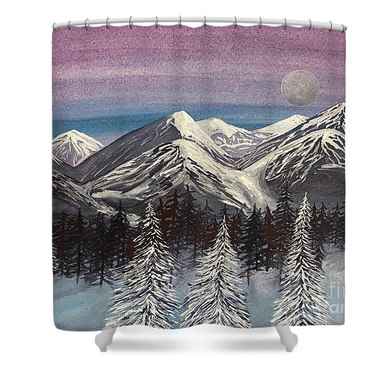 Snowy Trees Shower Curtain featuring the painting Three Snowy Trees by Lisa Neuman