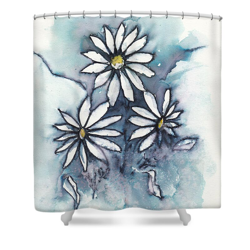 Daisies Shower Curtain featuring the mixed media Three Sweet Daisies in Ink by Conni Schaftenaar