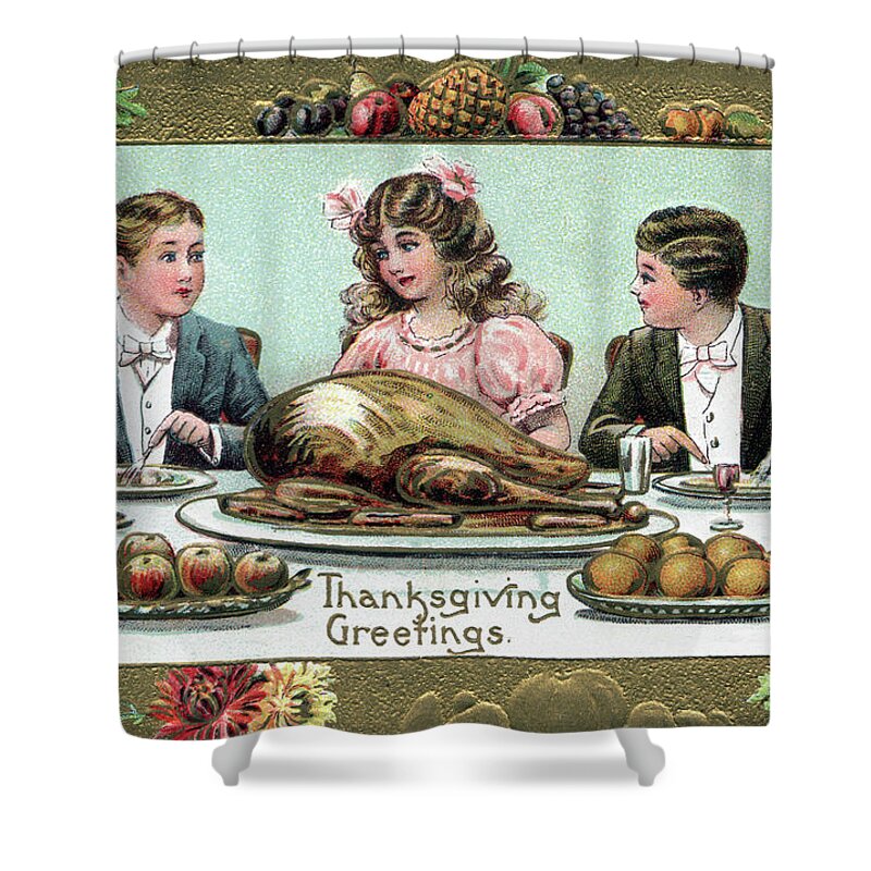 Thanksgiving Shower Curtain featuring the digital art Three well dressed young people at turkey dinner. by Pete Klinger