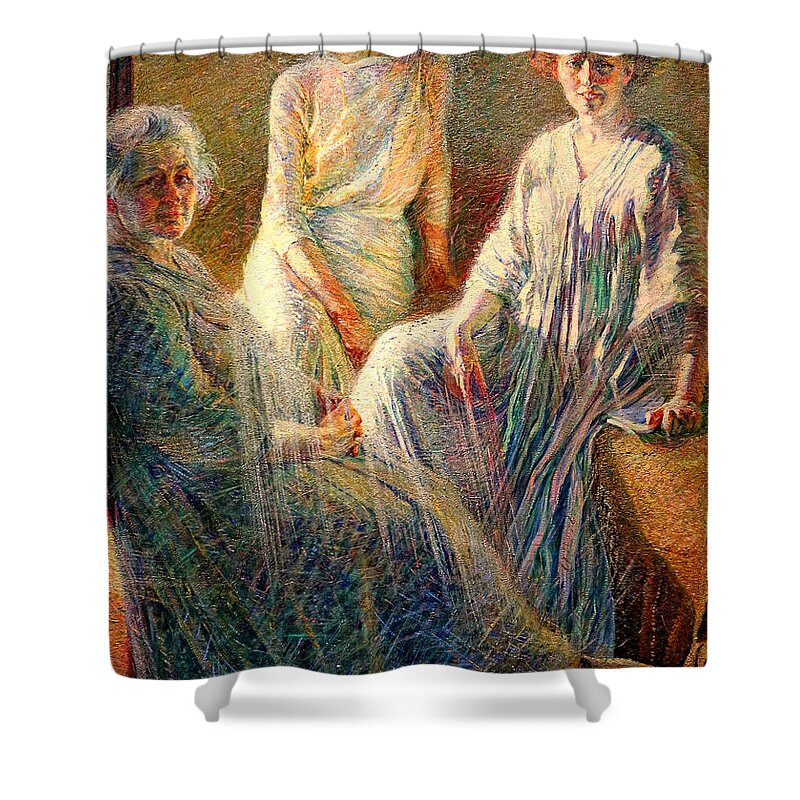 Three Women Shower Curtain featuring the digital art Three Women by Umberto Boccioni - digital enhancement by Nicko Prints