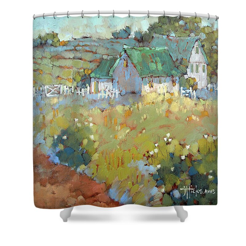 Farm Shower Curtain featuring the painting Three's Company by Joyce Hicks