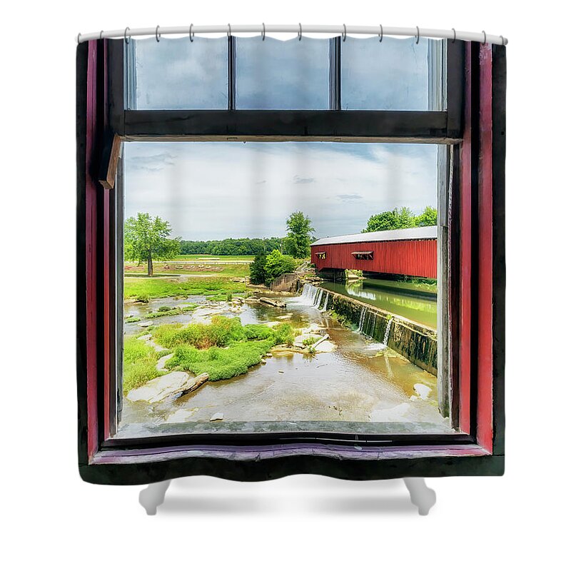 Parke County Shower Curtain featuring the photograph Through the Mill Window - Bridgeton Covered Bridge by Susan Rissi Tregoning