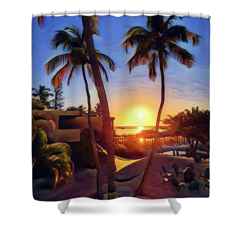 Key Largo Moon Bay Golden Glow Sunset Dock Boat Water Peace Serenity Happiness Blue Sky Palm Trees Reflections Eileen Kelly Artistic Aftermath Live Love Light Horizon Hope Art Artist Canvas Prints Grateful Shower Curtain featuring the digital art Through the Palms by Eileen Kelly