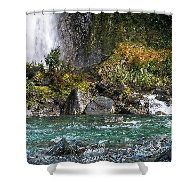 New Zealand Shower Curtain featuring the photograph Thunder Creek Falls 2- New Zealand by Steven Ralser