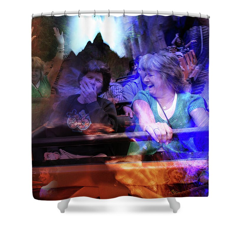 Photograph Manipulation Notforsale Shower Curtain featuring the photograph Thunder Mountain at Disneyland by Beverly Read