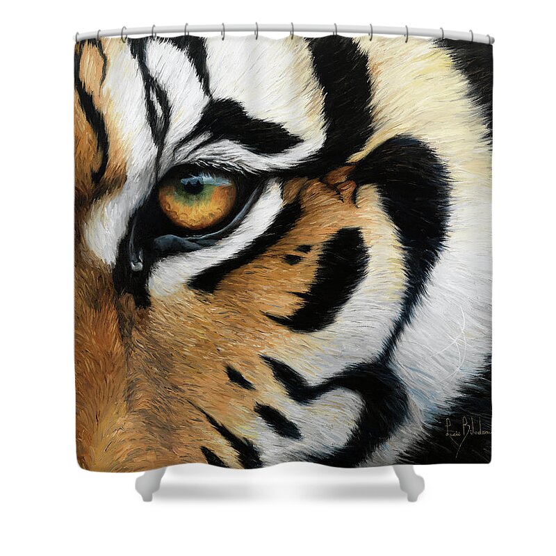 Tiger Shower Curtain featuring the painting Tiger Eye by Lucie Bilodeau