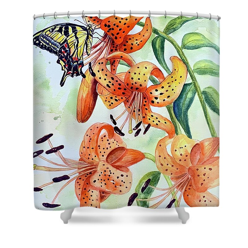 Tiger Lilies Shower Curtain featuring the painting Tiger Lilies and Butterfly by Hilda Vandergriff