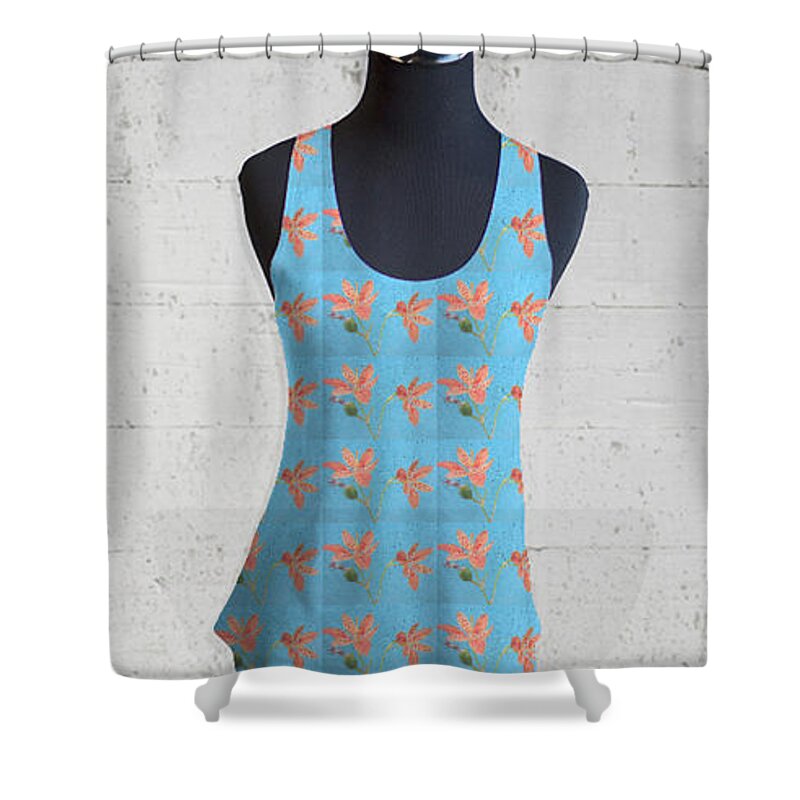  Shower Curtain featuring the mixed media Tiger Lily Tank by Nancy Graham