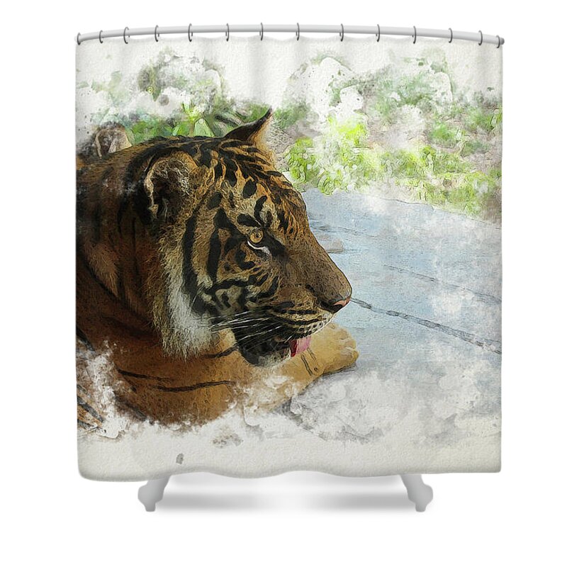 Tiger Shower Curtain featuring the digital art Tiger Portrait with Textures by Alison Frank