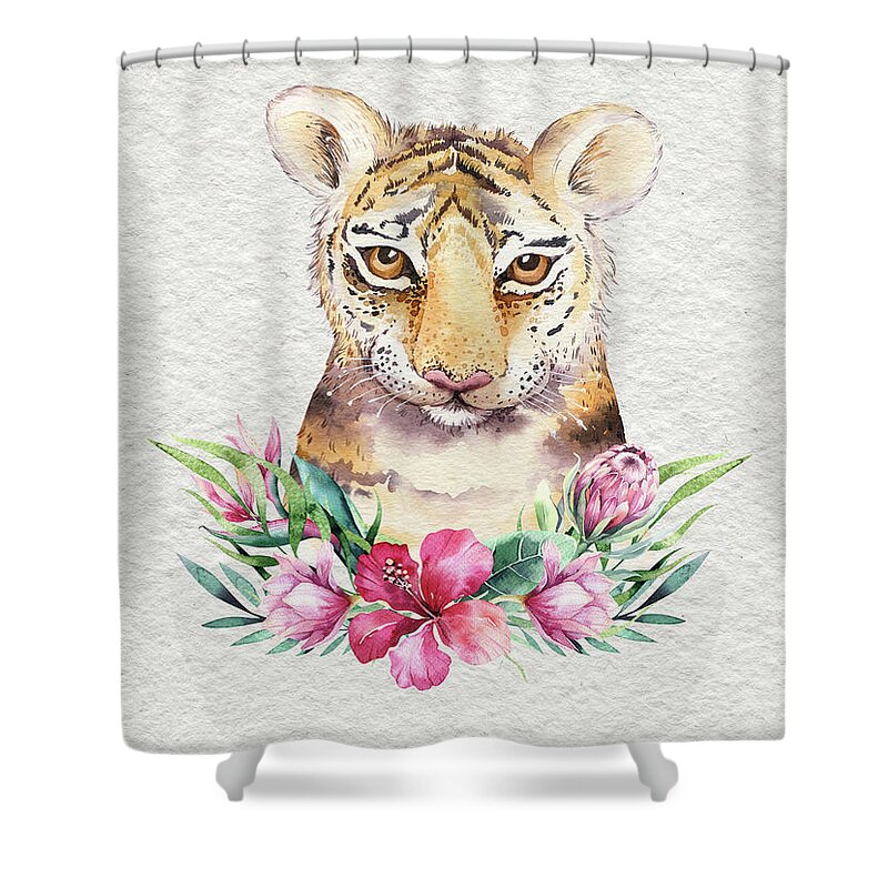 Tiger With Flowers Shower Curtain featuring the painting Tiger With Flowers by Nursery Art