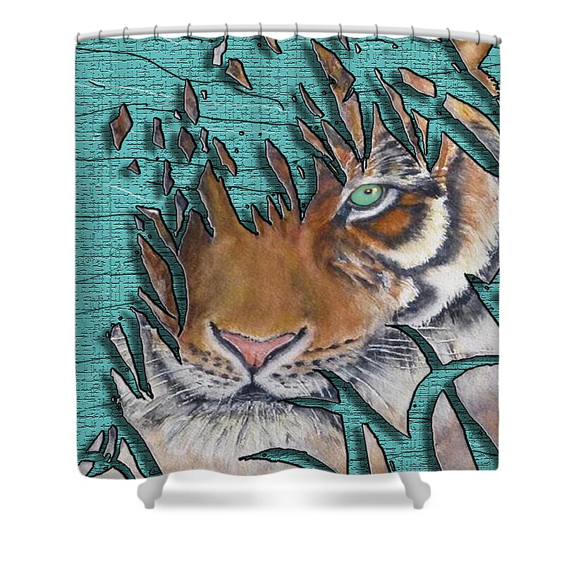 Lurking Tiger Shower Curtain featuring the mixed media Tiger's Gone to Pieces No.2 by Kelly Mills