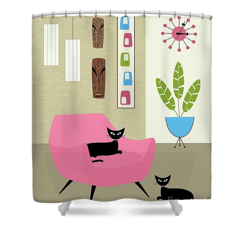 George Nelson Ball Clock Shower Curtain featuring the digital art Tikis on the Wall in Pink and Blue by Donna Mibus