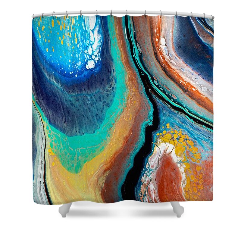 Abstract Shower Curtain featuring the digital art Time And Space - Colorful Abstract Contemporary Acrylic Painting by Sambel Pedes