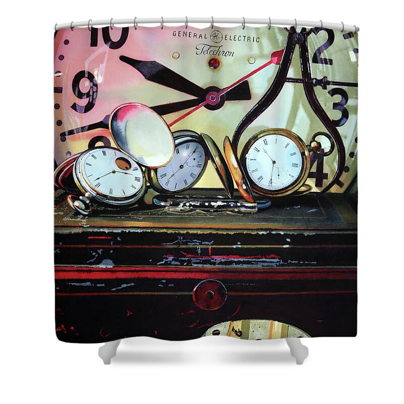 Clock Shower Curtain featuring the painting Timeout by Denny Bond