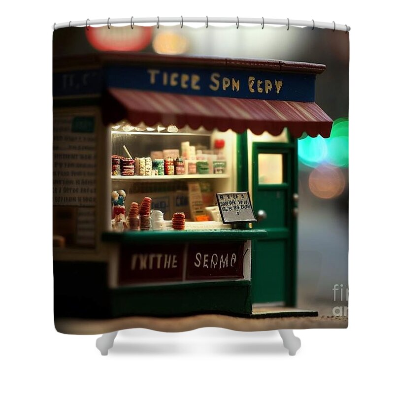 A Variety Of Jams Shower Curtain featuring the mixed media Tiny City Shop II by Jay Schankman