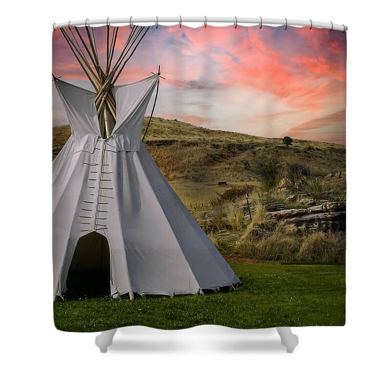 Native Temporary Housing Shower Curtain featuring the photograph Tipi at Sunset by Laura Putman