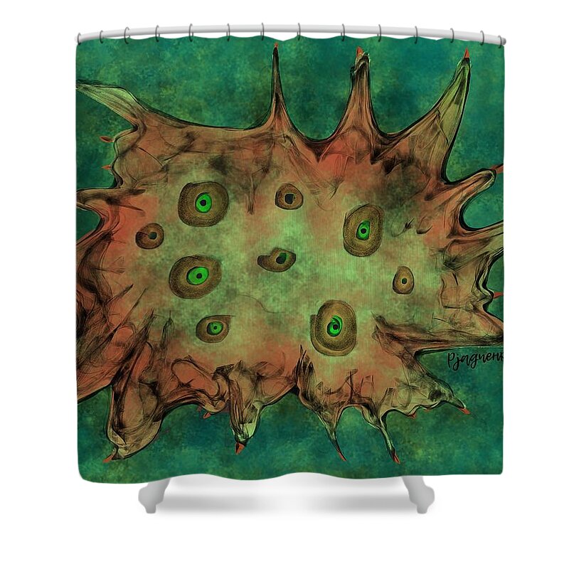 Green Shower Curtain featuring the digital art To be cellular by Ljev Rjadcenko