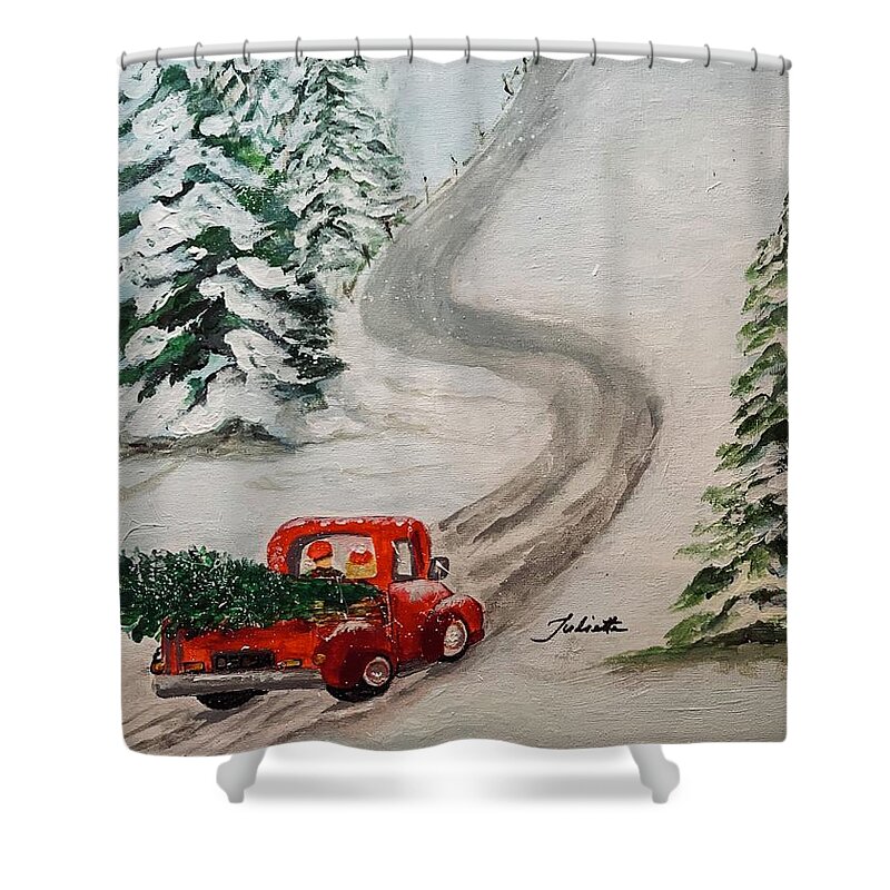 Red Truck Shower Curtain featuring the painting To Grandmothers House We Go by Juliette Becker
