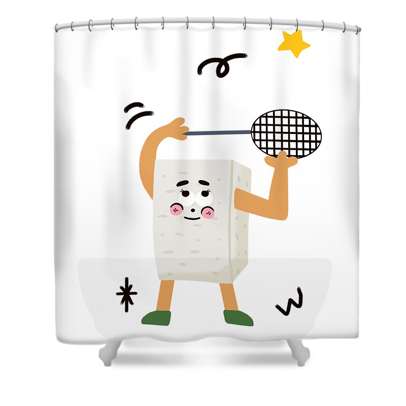 Tofu，bean Curd Shower Curtain featuring the drawing Tofu loves playing badminton by Min Fen Zhu