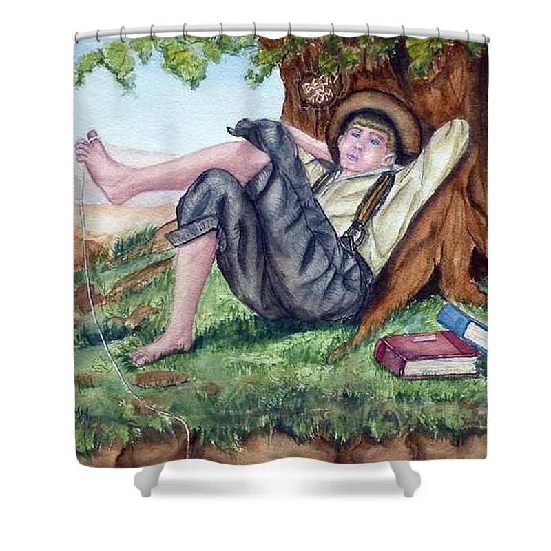 Adventures Of Tom Sawyer Shower Curtain featuring the painting Tom Sawyer Adventures by Kelly Mills