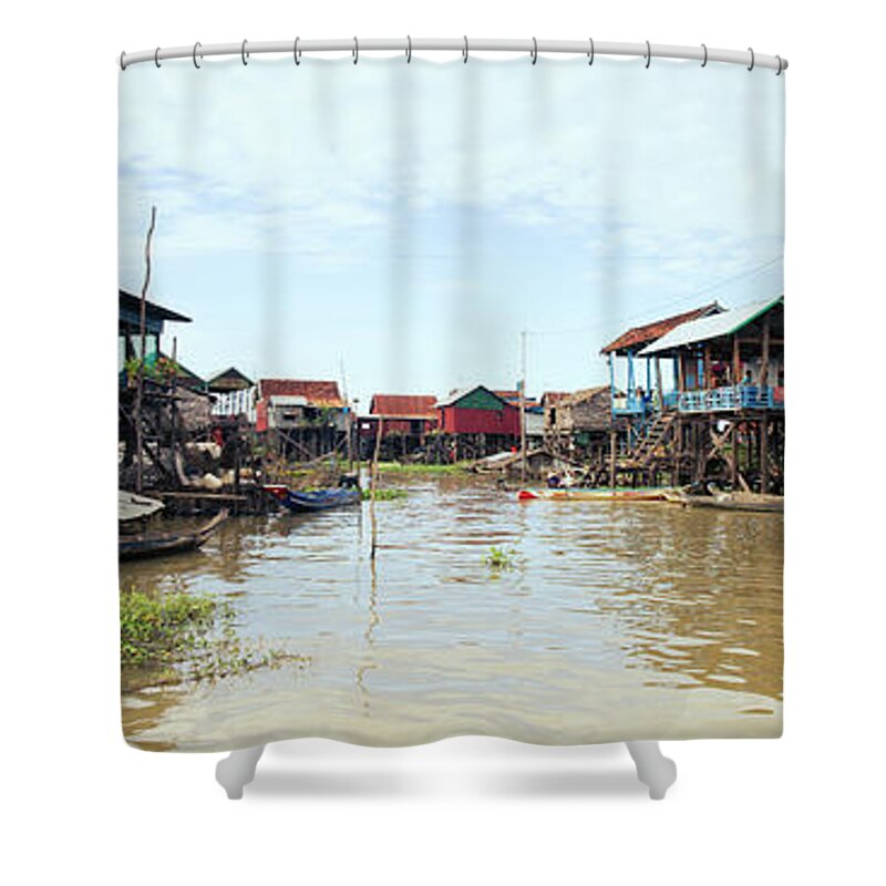 Panoramic Shower Curtain featuring the photograph Tonlesap lake cambodia floating village kampong khleang 2 by Sonny Ryse