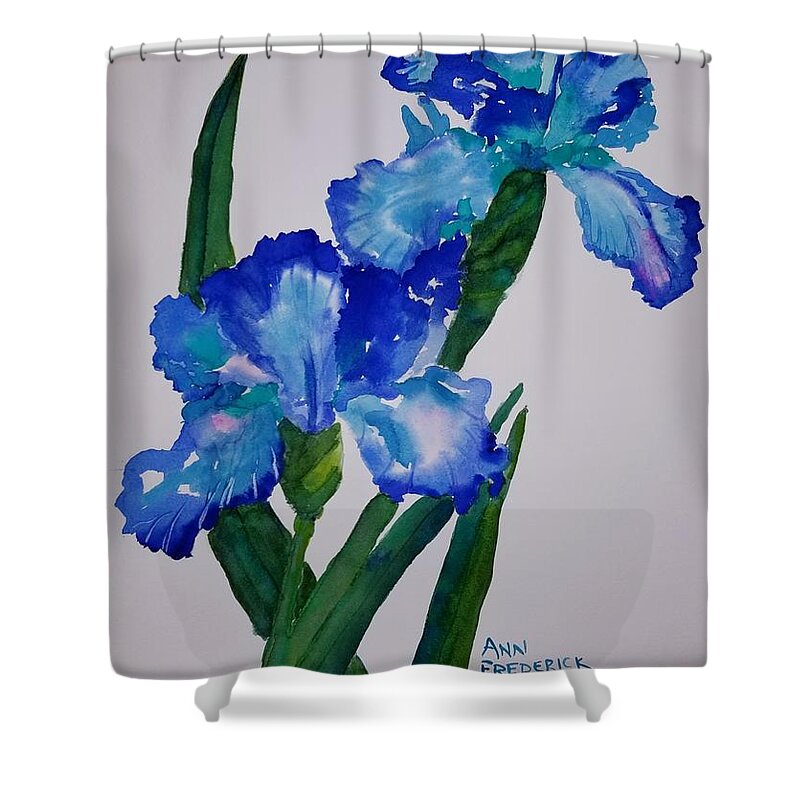 Iris Shower Curtain featuring the painting Too Blue Iris by Ann Frederick
