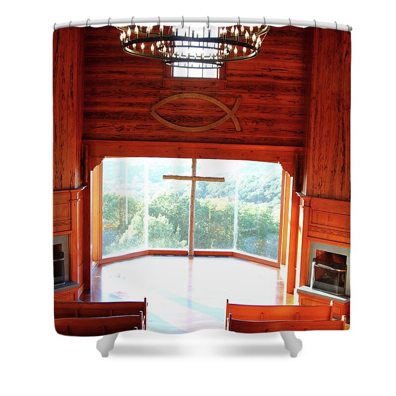 Table Rock Lake Shower Curtain featuring the photograph Top of the Rock Stone Chapel by Lens Art Photography By Larry Trager