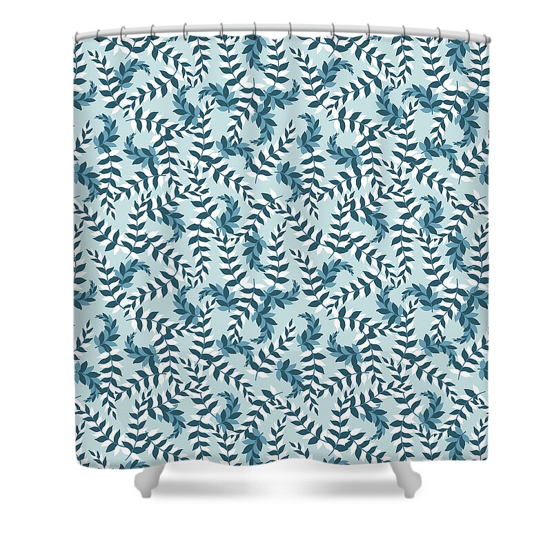 Leaves Shower Curtain featuring the painting Tossed Blue and White Stylized Leaves by Nikita Coulombe