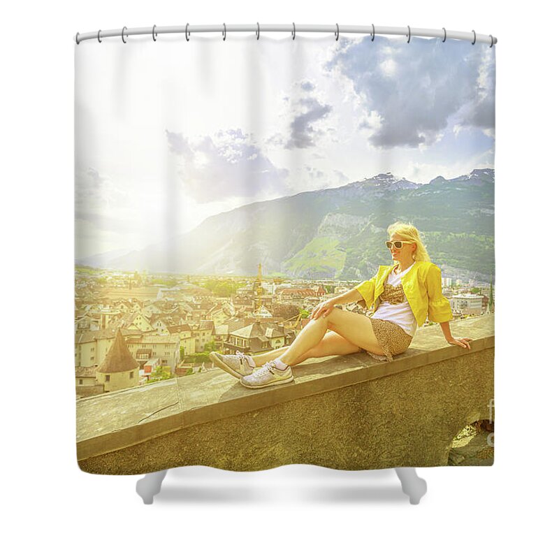 Switzerland Shower Curtain featuring the photograph tourist by Chur sunset skyline in Switzerland by Benny Marty