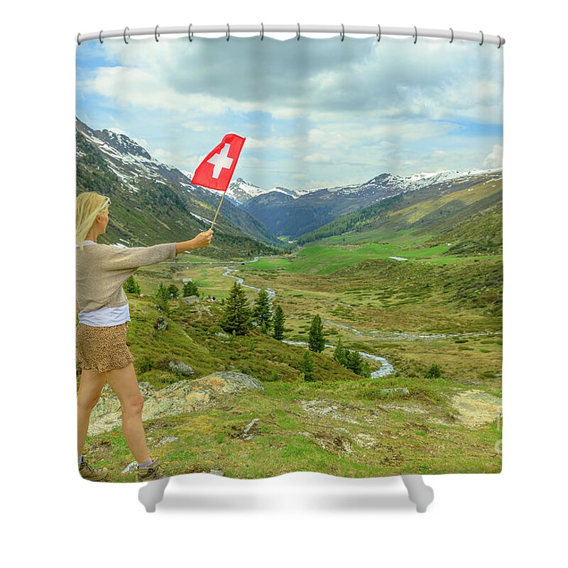 Switzerland Shower Curtain featuring the photograph Tourist girl with swiss flag at Fluela Pass by Benny Marty