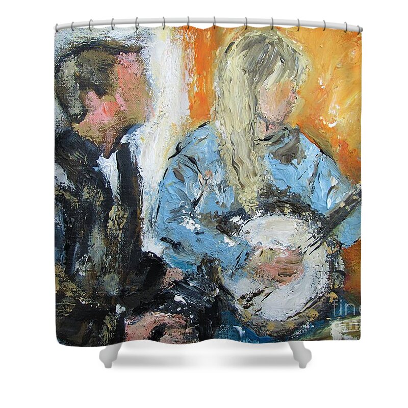 Trad Music Art Shower Curtain featuring the painting Trad music painting by Mary Cahalan Lee - aka PIXI