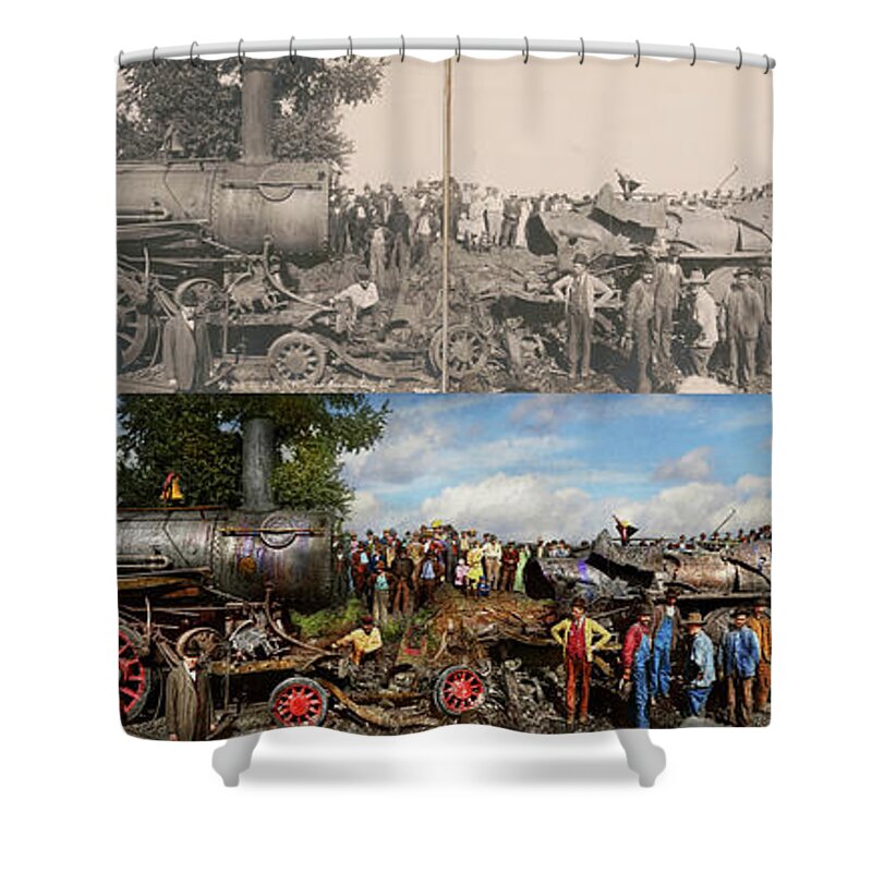 Train Shower Curtain featuring the photograph Train - Accident - Meeting head to head 1909 - Side by Side by Mike Savad