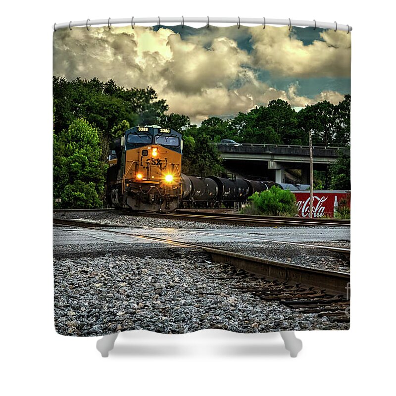 Trains Shower Curtain featuring the photograph Train and Tracks by DB Hayes