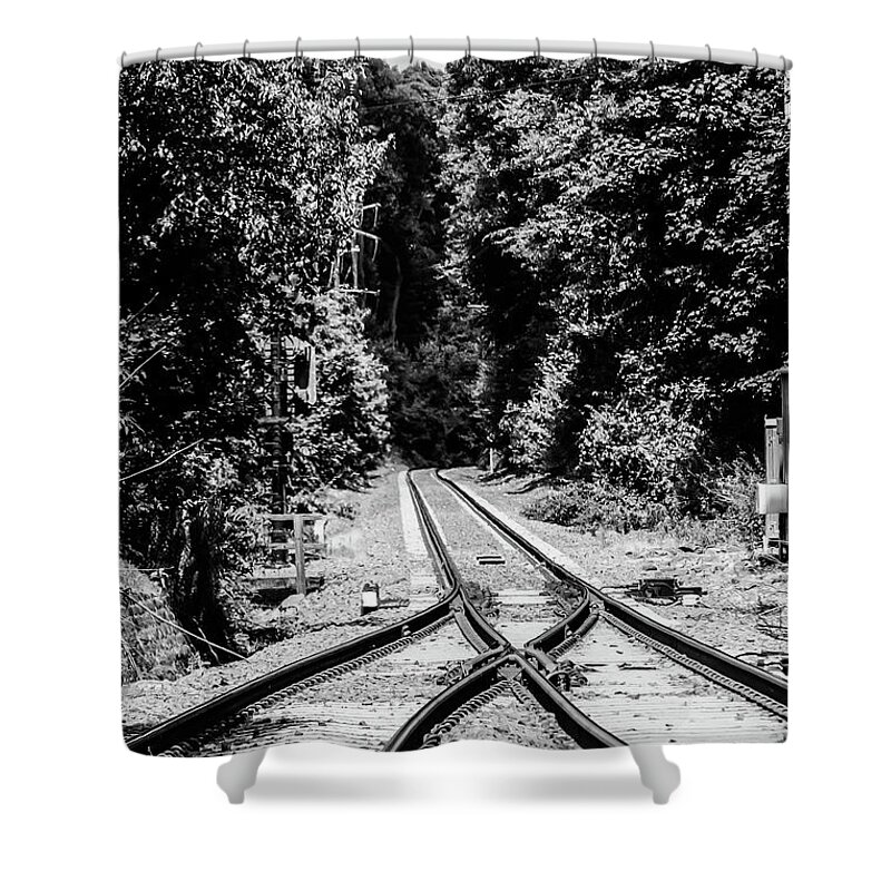 Train Tracks Rr Rail Road B&w Trees Shower Curtain featuring the photograph Train Tracks1 by John Linnemeyer