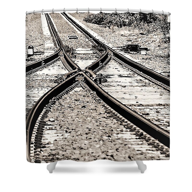 Train Tracks Rr Rail Road Stone B&w Shower Curtain featuring the photograph Train Tracks2 by John Linnemeyer