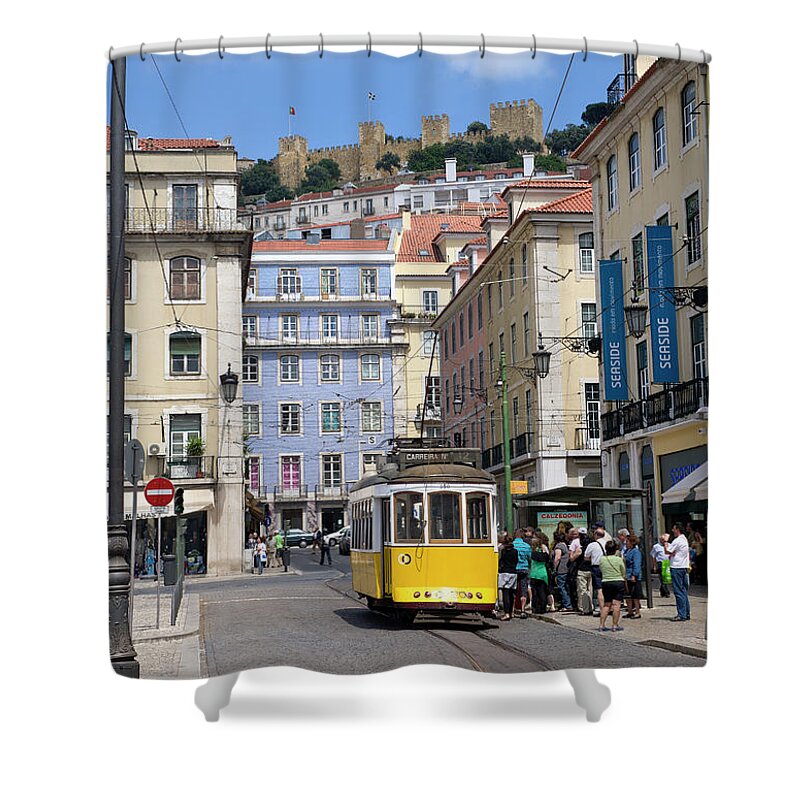 Portugal Shower Curtain featuring the photograph tramcar in Praca da figueira, Lisboa by Mikehoward Photography