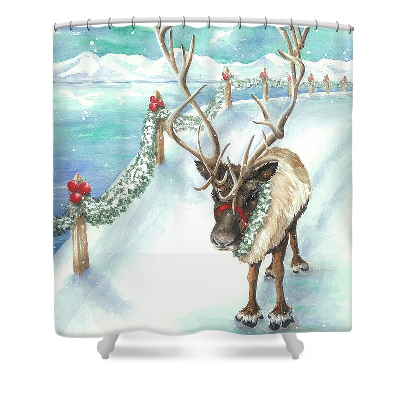 Reindeer Shower Curtain featuring the painting Tranquil Trek by Lori Taylor