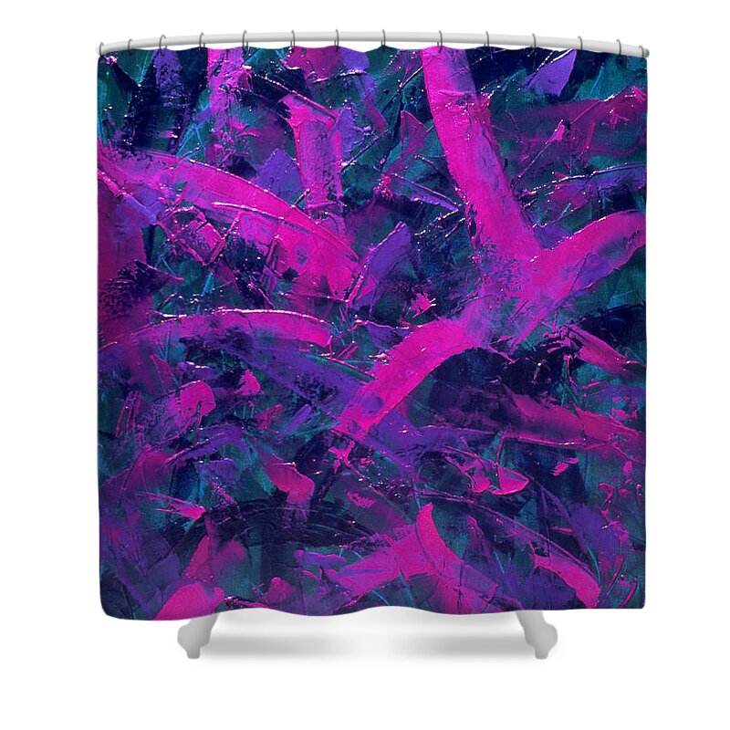 Abstract Shower Curtain featuring the painting Transitions with Turquoise, Lavender and Magenta by Dean Triolo