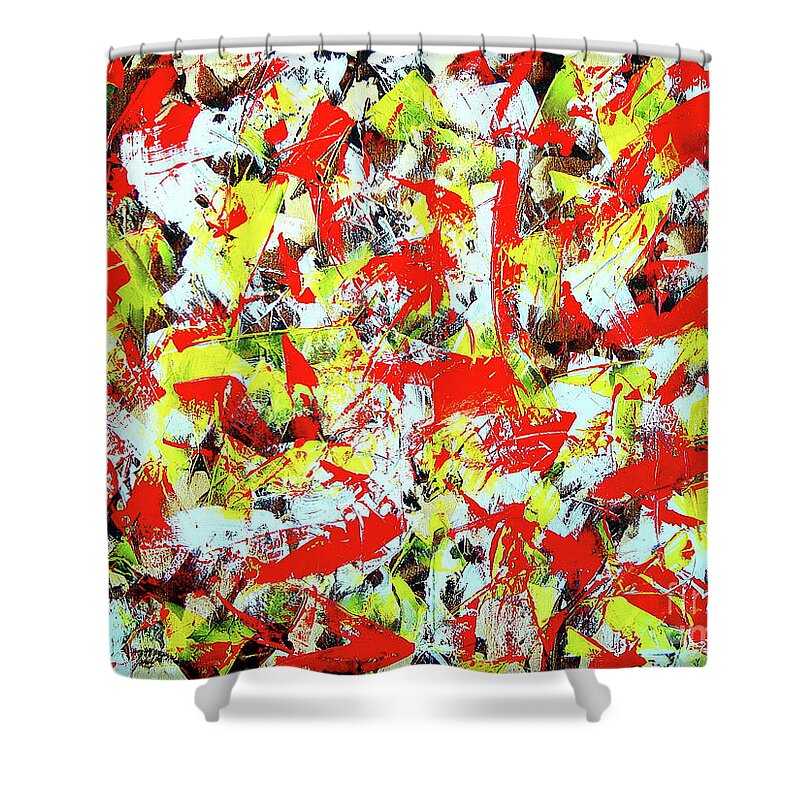 Yellow Shower Curtain featuring the painting Transitions with Yellow Brown and Red by Dean Triolo