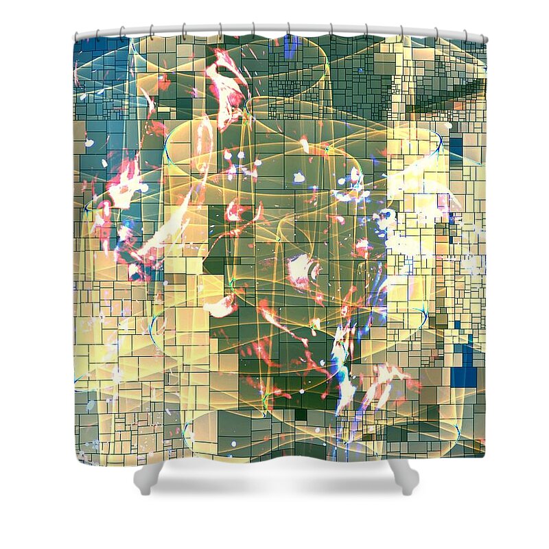 Trapped Abstract Photograph Ribbon Squares Particles Yellow Black Grey Blue Pink White Green Iphone Ipad-air Sandiego California Shower Curtain featuring the digital art Trapped Abstract by Kathleen Boyles