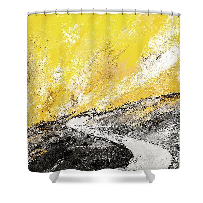 Yellow Shower Curtain featuring the painting Travel Into The Sun - Yellow And Gray Art by Lourry Legarde
