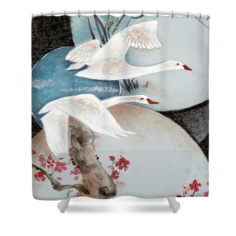 Cranes Shower Curtain featuring the painting Travel with Time by Vina Yang