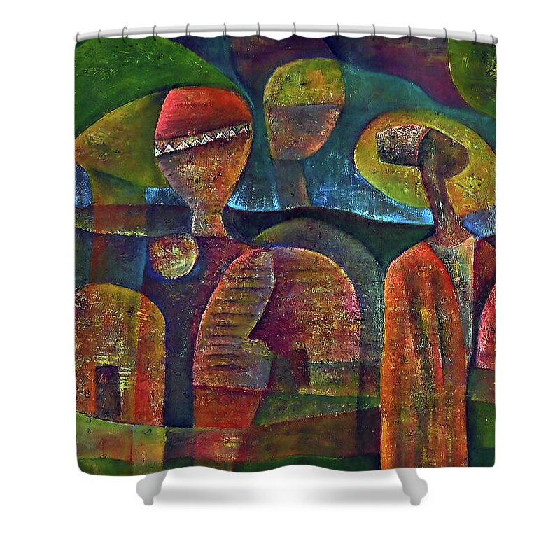 African Art Shower Curtain featuring the painting Travelers Then Came by Martin Tose 1959-2004